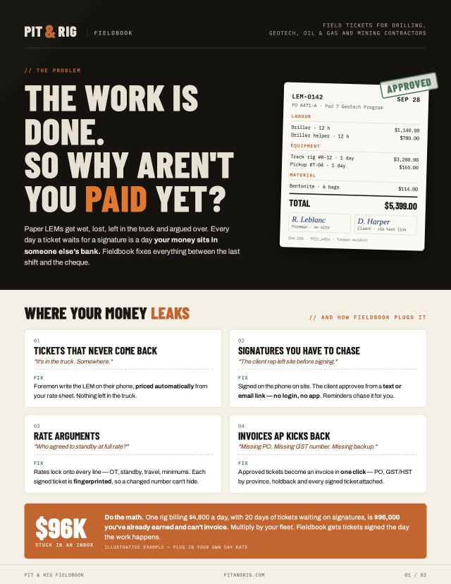 Page one of the Pit & Rig Fieldbook overview: The work is done. So why aren’t you paid yet?