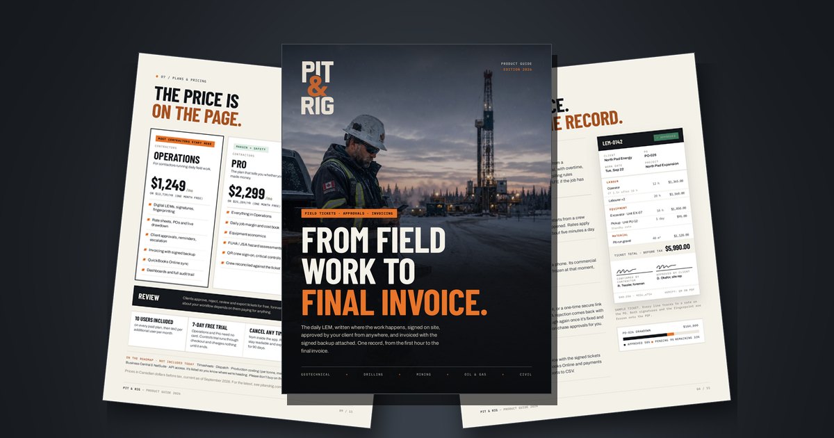 The Pit & Rig Product Guide: cover, a sample ticket and the pricing page